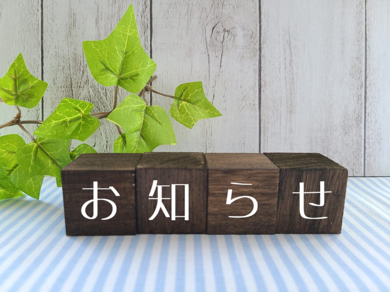 お知らせと書かれた木のブロックと葉